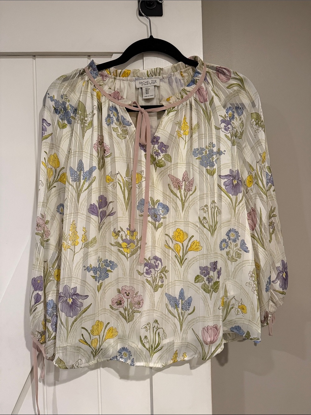 Rachel Zoe Cream Floral Tie-Neck Blouse with silver thread - so pretty!